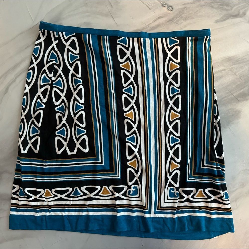 ANN TAYLOR LOFT Scarf Print Skirt Black Tan Teal Blue 8